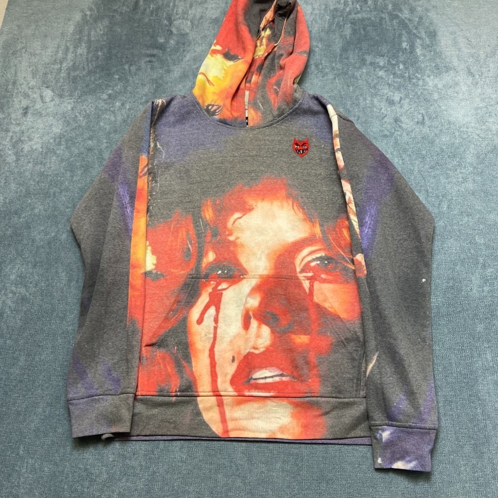 Evil Hearts Club Hoodie Womens Large Gray Logo Dramatic Face Print Fleece Lined